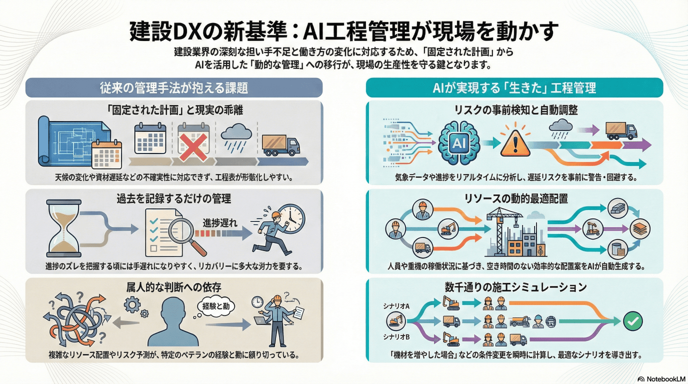 AI工程管理で変わる建設現場｜工期17-30%短縮の実績と導入法