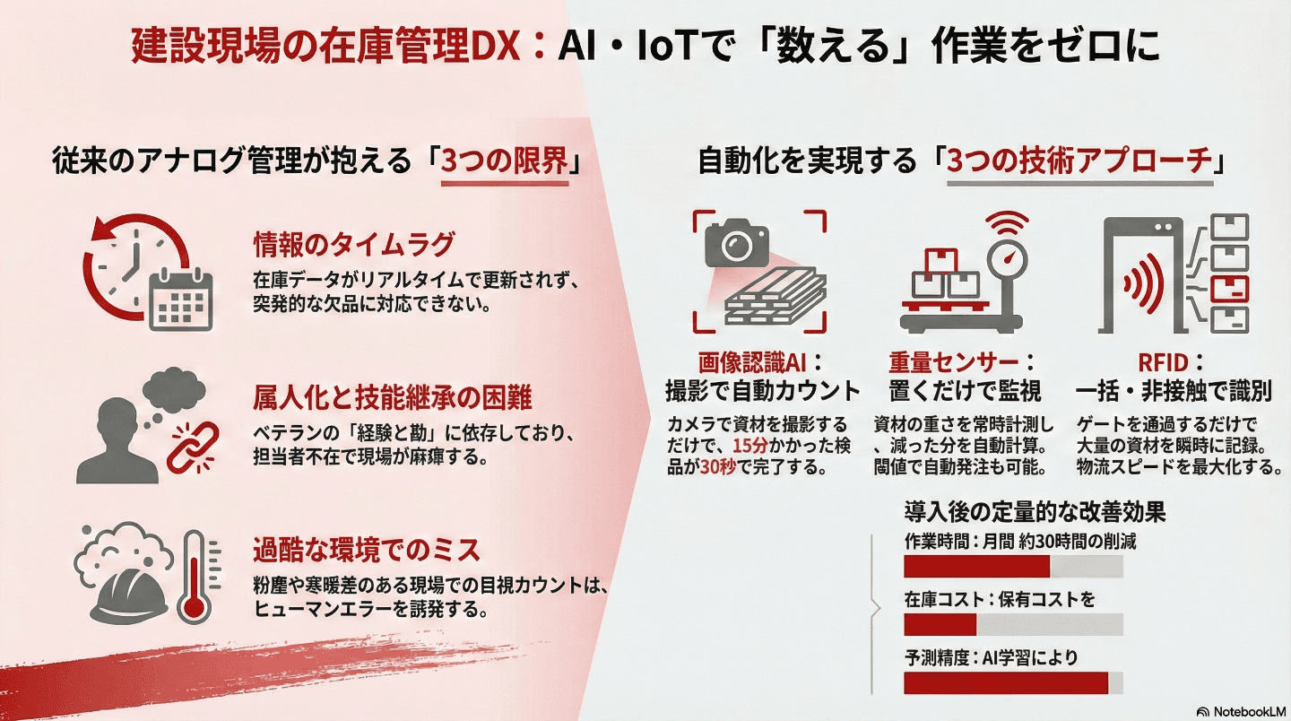 建設現場の在庫管理AI・IoT活用ガイド|画像認識・重量センサー・RFIDで資材の見える化と発注自動化を実現