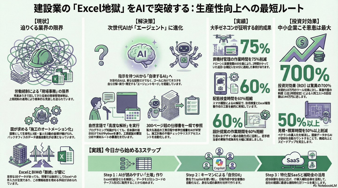 建設業のExcel業務をAIで変える ― Copilot Agent Mode・ゼネコン事例・ROI試算・補助金活用の実践ガイド